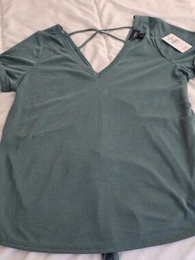 Daytrip Teal V-Neck Short Sleeve Tee with Crisscross Back